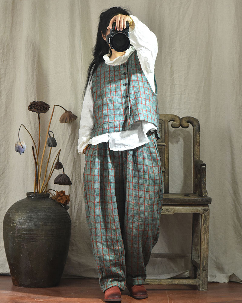 Vintage Ekose Keten Pantolon