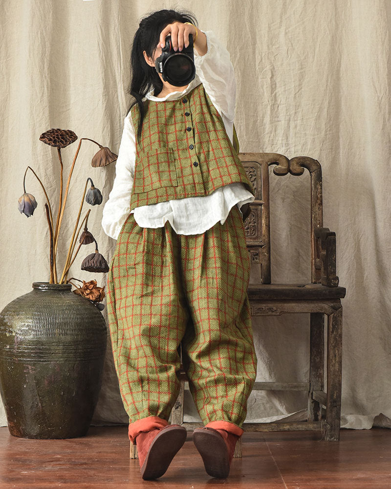 Vintage Ekose Keten Pantolon
