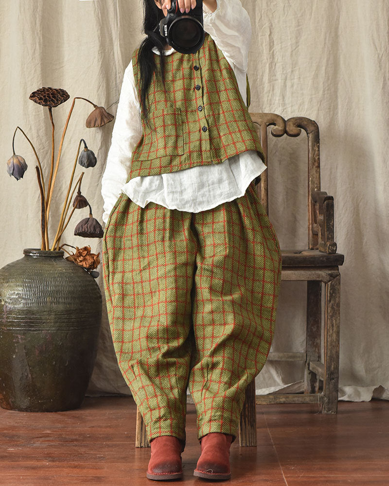 Vintage Ekose Keten Pantolon