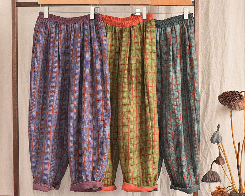 Vintage Ekose Keten Pantolon