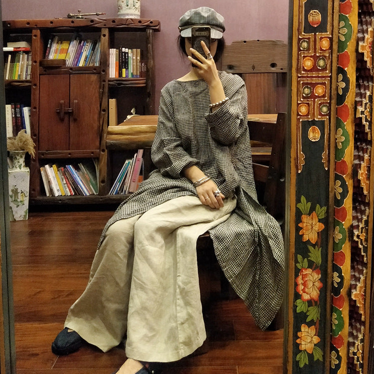 Vintage Ekose Keten Elbise-Tunik