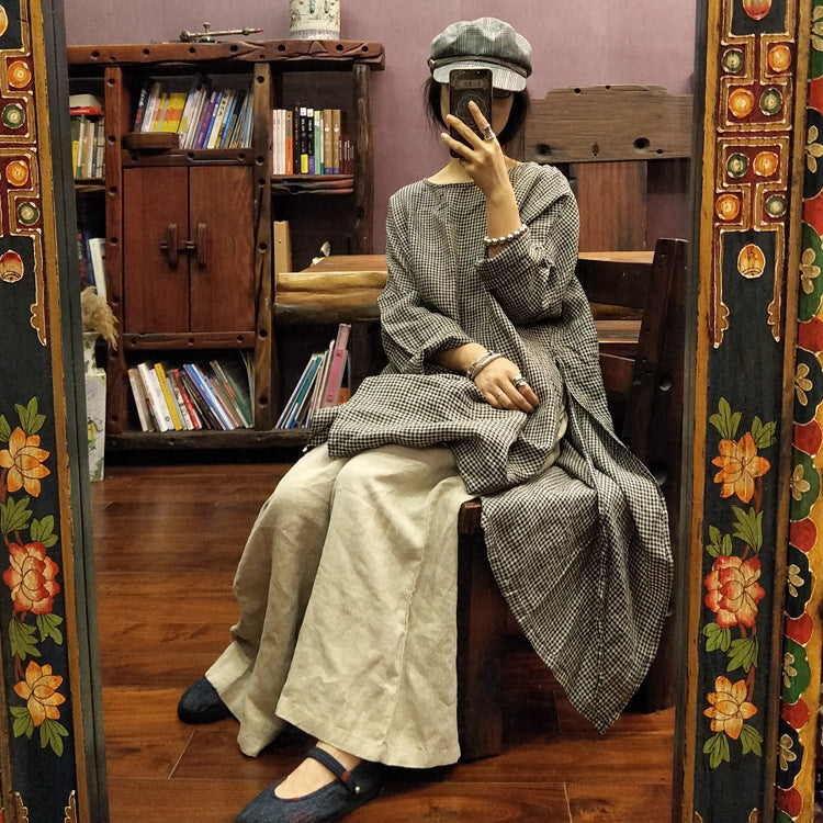 Vintage Ekose Keten Elbise-Tunik