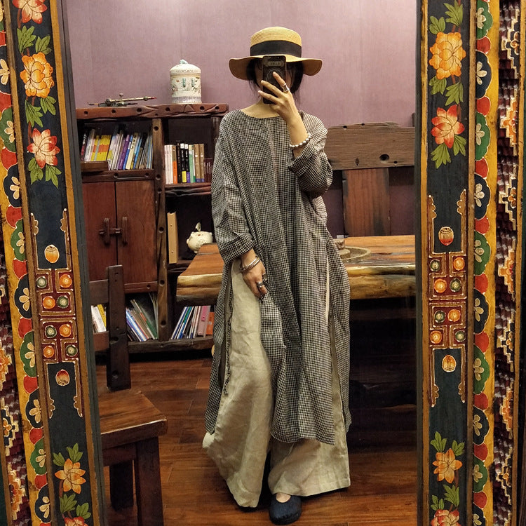 Vintage Ekose Keten Elbise-Tunik