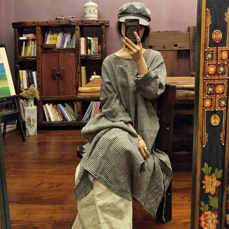 Vintage Ekose Keten Elbise-Tunik