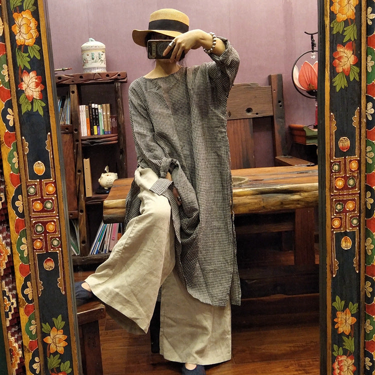 Vintage Ekose Keten Elbise-Tunik