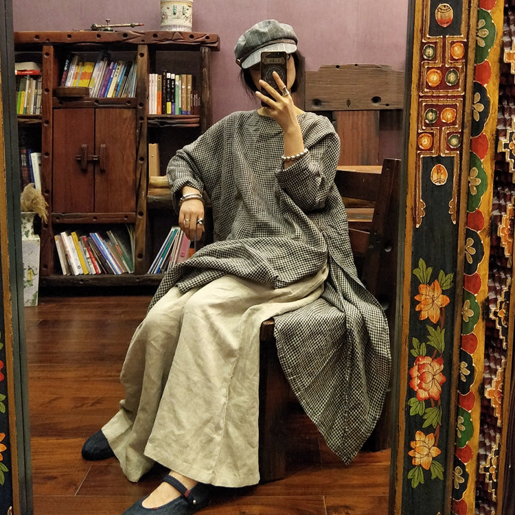 Vintage Ekose Keten Elbise-Tunik