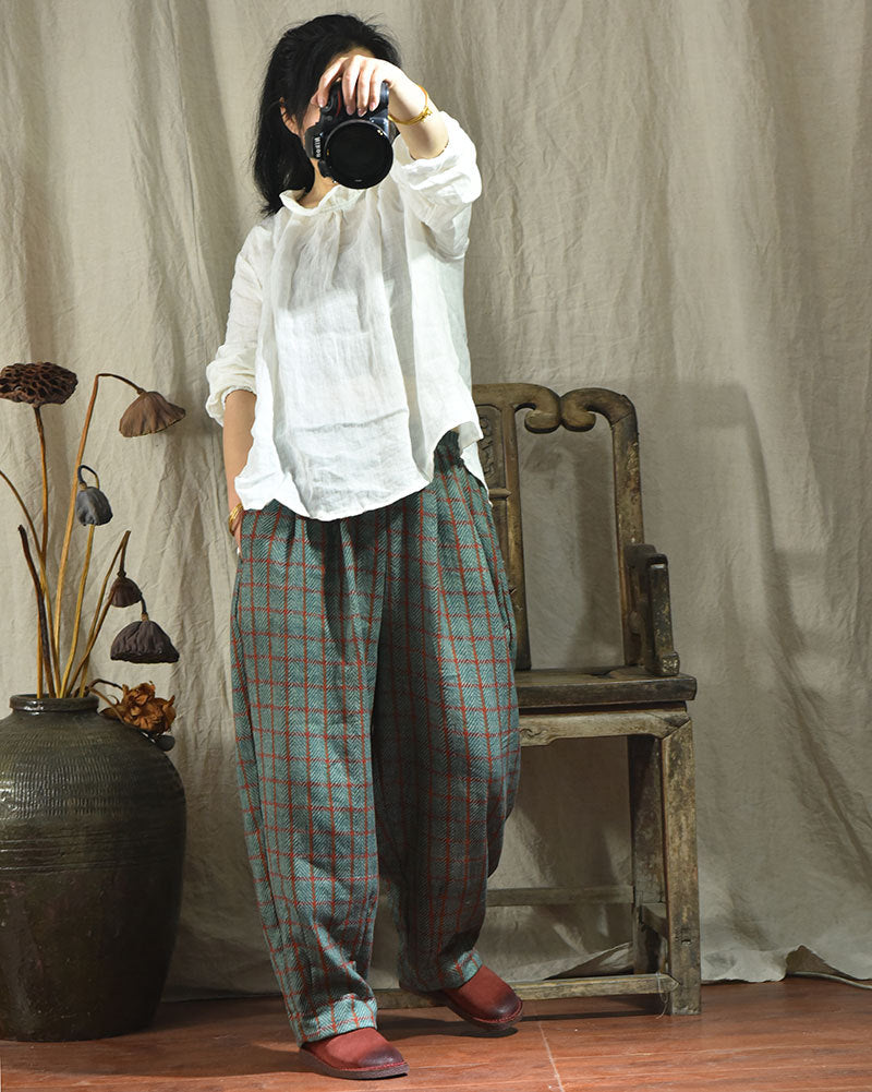 Vintage Ekose Keten Pantolon