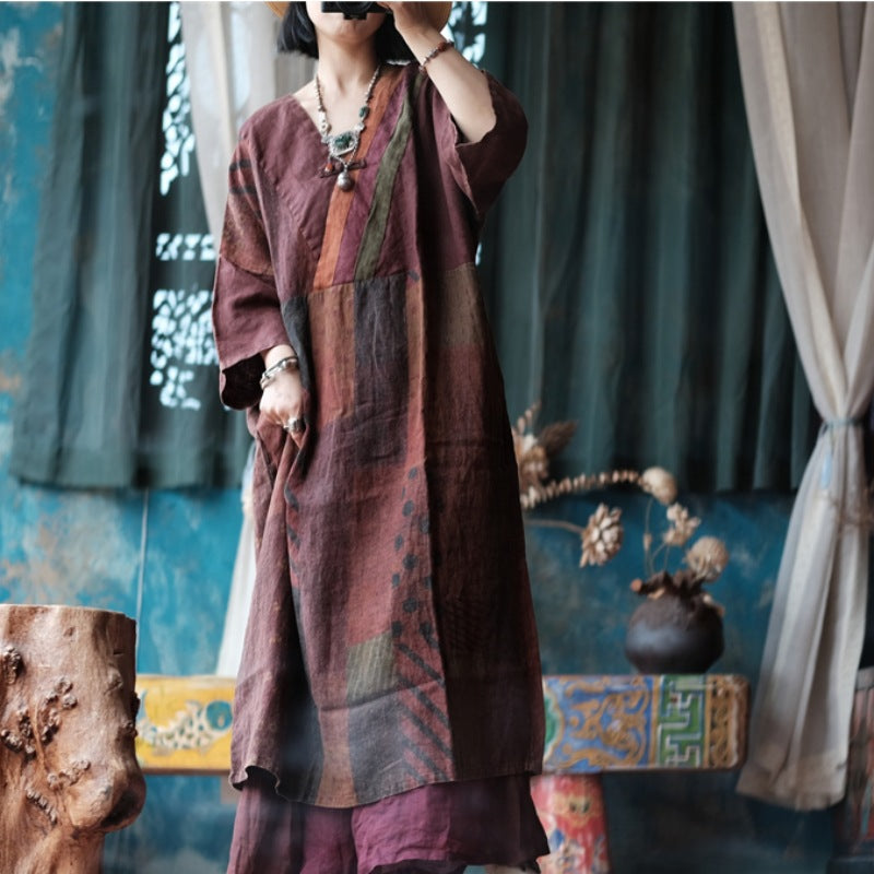 Vintage Harmony Keten Tunik Elbise – %100 Ramie, Bohem Patchwork Desenli