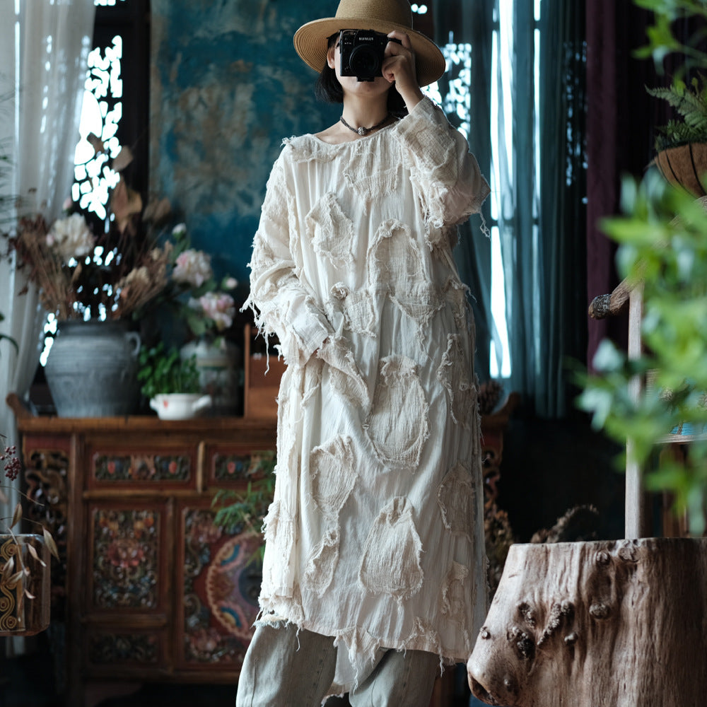 Ekru Patchwork Tunik Elbise