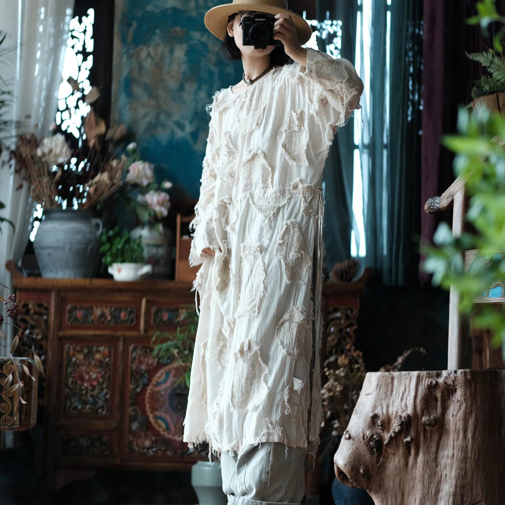 Ekru Patchwork Tunik Elbise