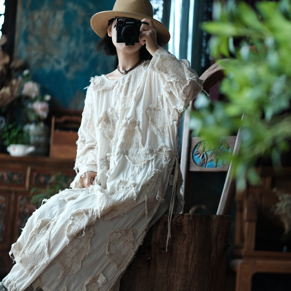 Ekru Patchwork Tunik Elbise