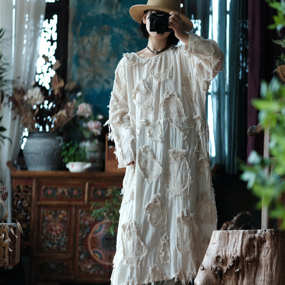 Ekru Patchwork Tunik Elbise