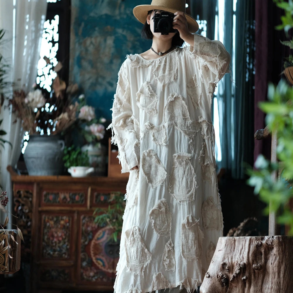 Ekru Patchwork Tunik Elbise