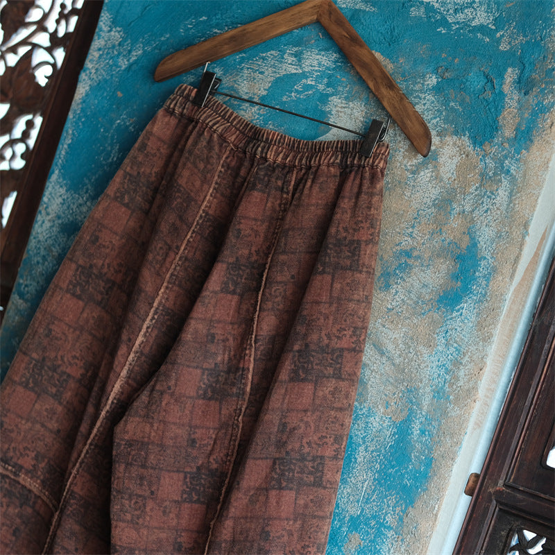 Vintage Floral Keten Pantolon