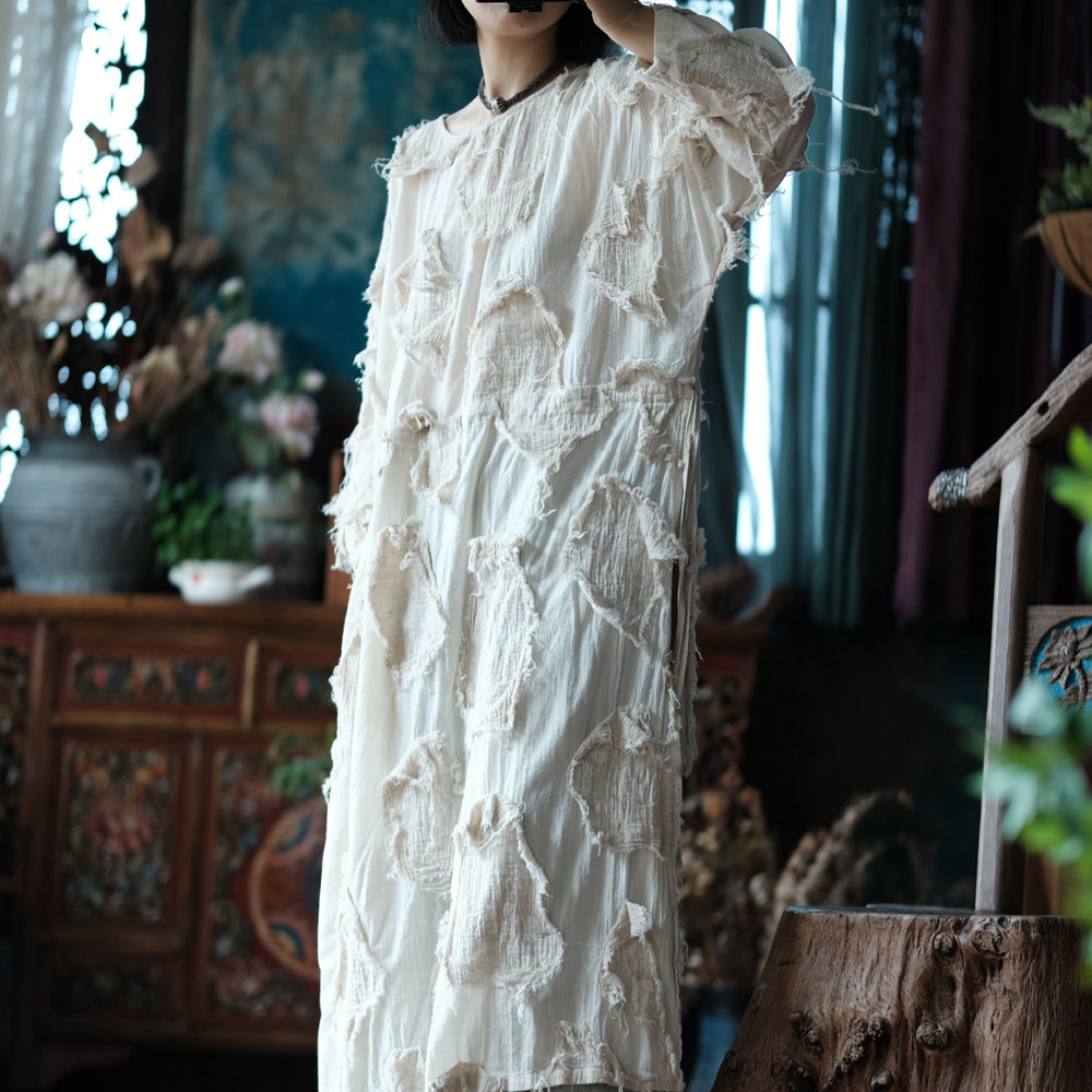 Ekru Patchwork Tunik Elbise