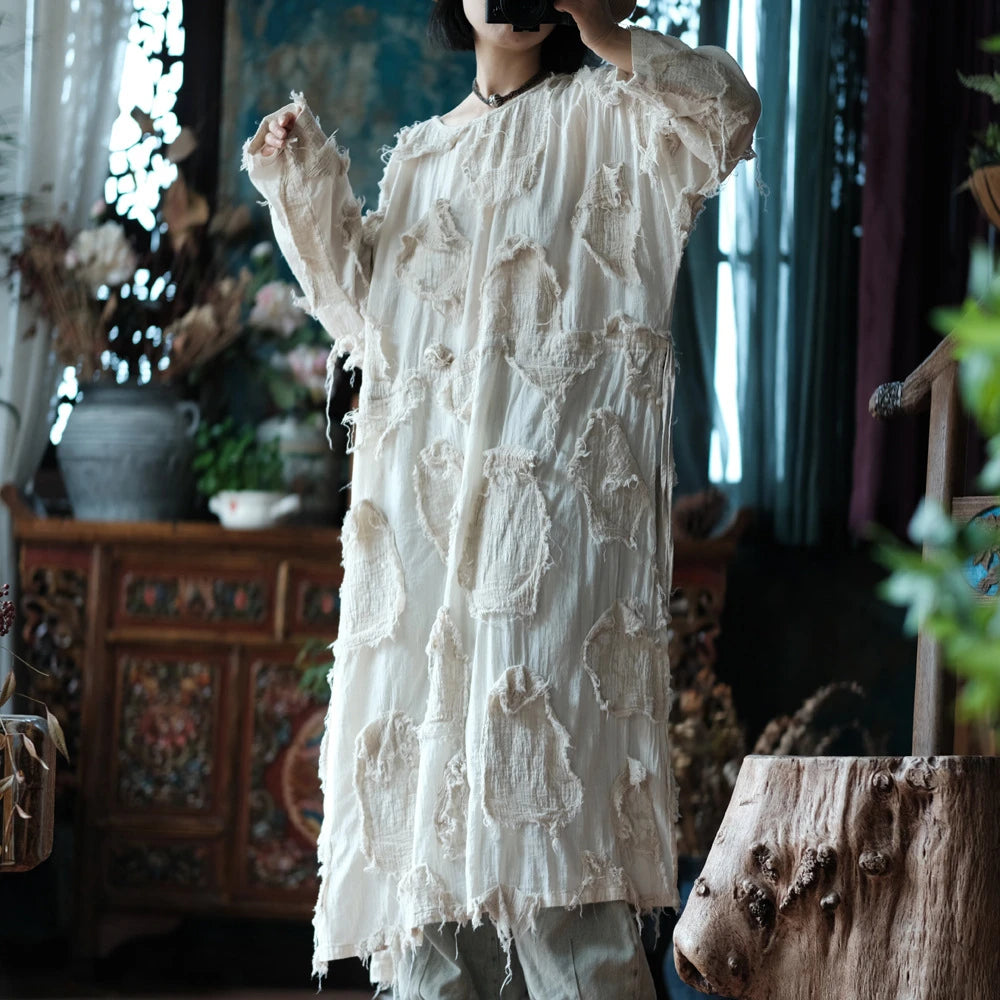 Ekru Patchwork Tunik Elbise
