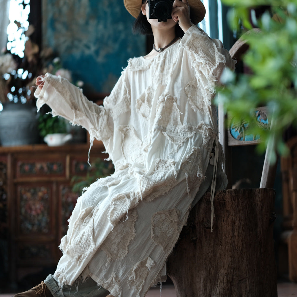 Ekru Patchwork Tunik Elbise