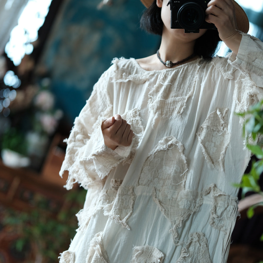 Ekru Patchwork Tunik Elbise