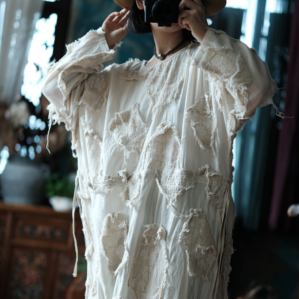 Ekru Patchwork Tunik Elbise