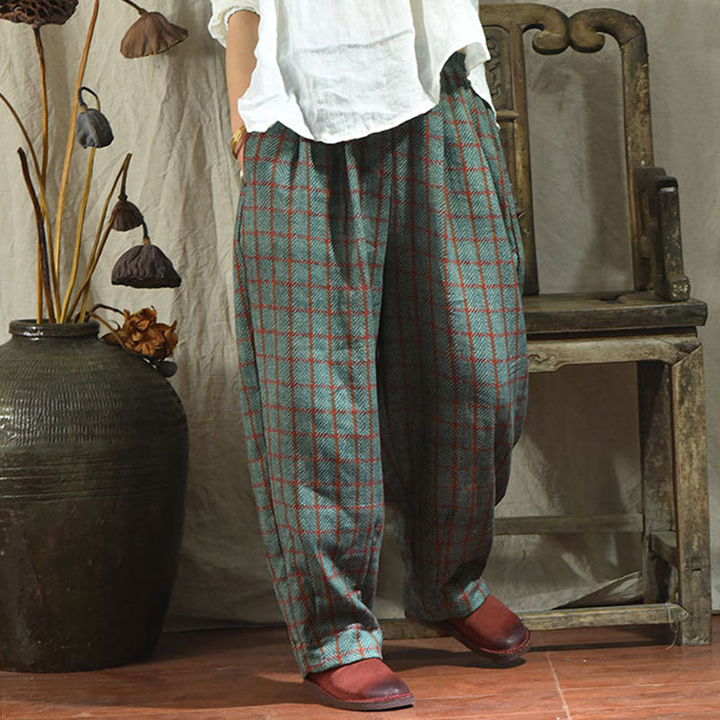 Vintage Ekose Keten Pantolon