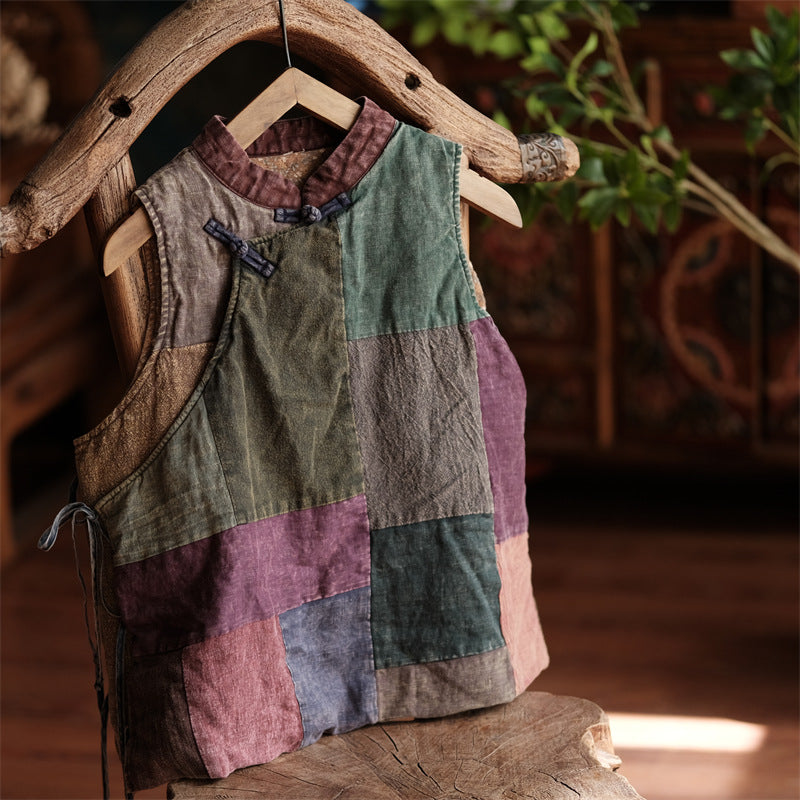 Miko Patchwork Kruvaze Keten Yelek – detay görünümü 12