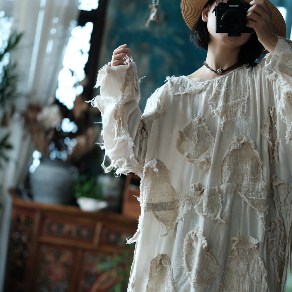 Ekru Patchwork Tunik Elbise