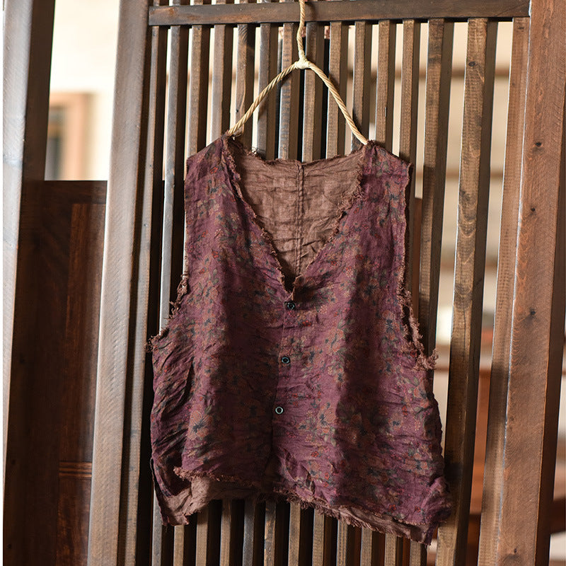 Vintage Desenli Ramie Kolsuz Bluz