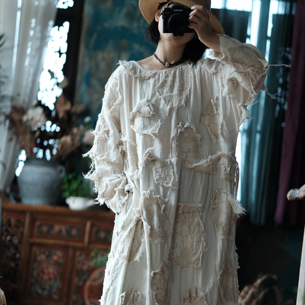 Ekru Patchwork Tunik Elbise