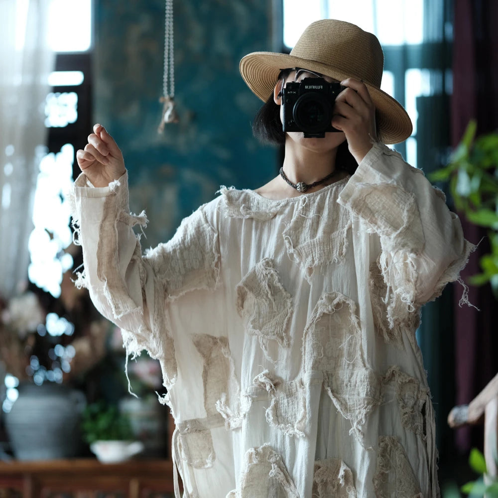 Ekru Patchwork Tunik Elbise