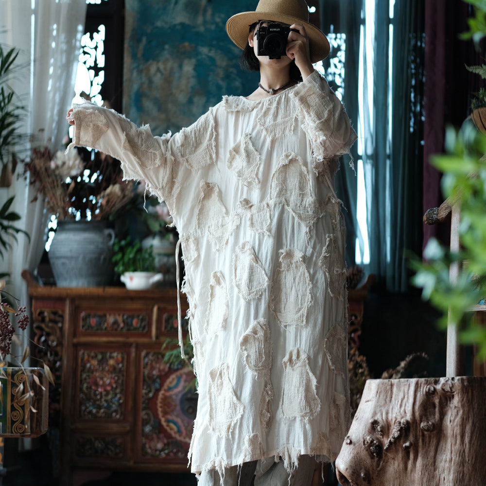 Ekru Patchwork Tunik Elbise