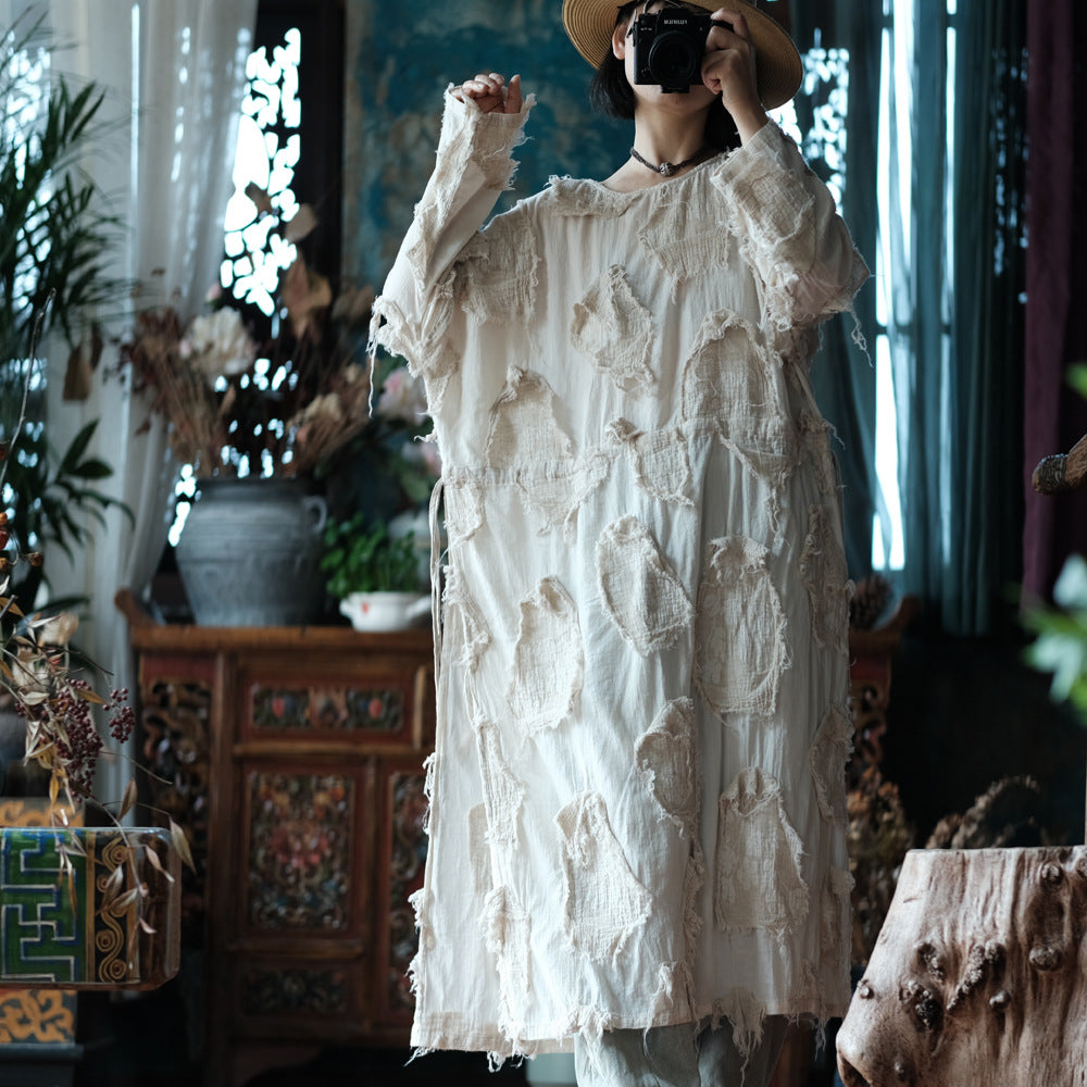 Ekru Patchwork Tunik Elbise