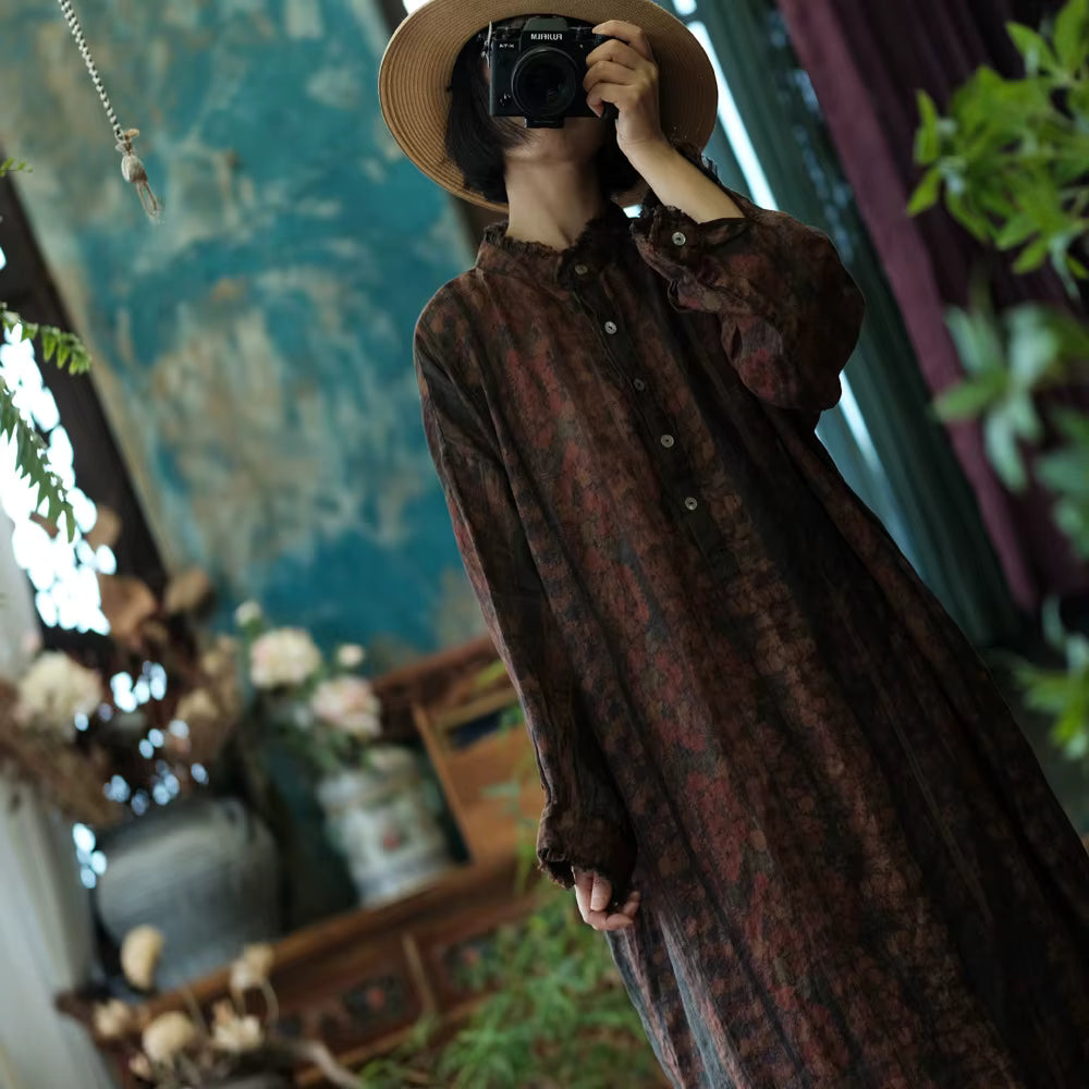 Ember Vintage Çiçekli Keten Elbise