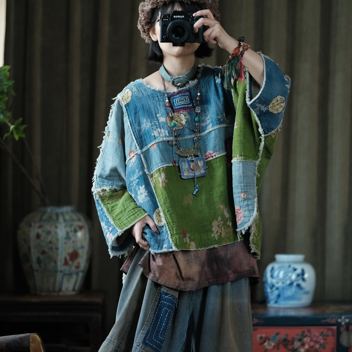 Moss Tide Patchwork Pamuk Bluz