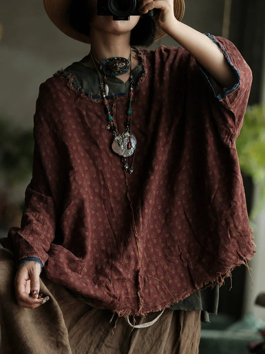 Women's Vintage Cotton Blouse | Relaxed Raw-Edge Oversized Top – görsel 1