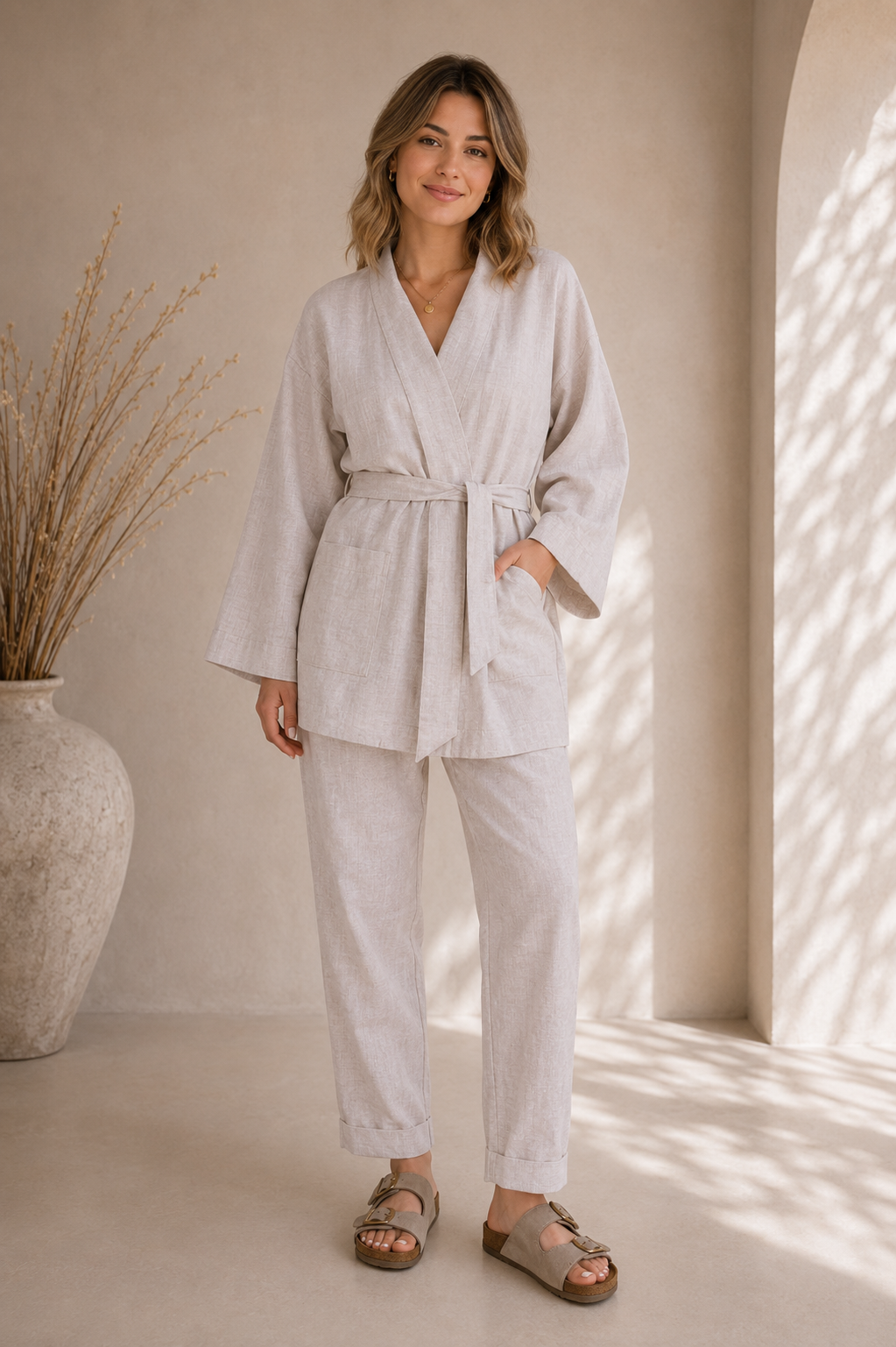 Luna Taş Keten Kimono Pantolon Takım