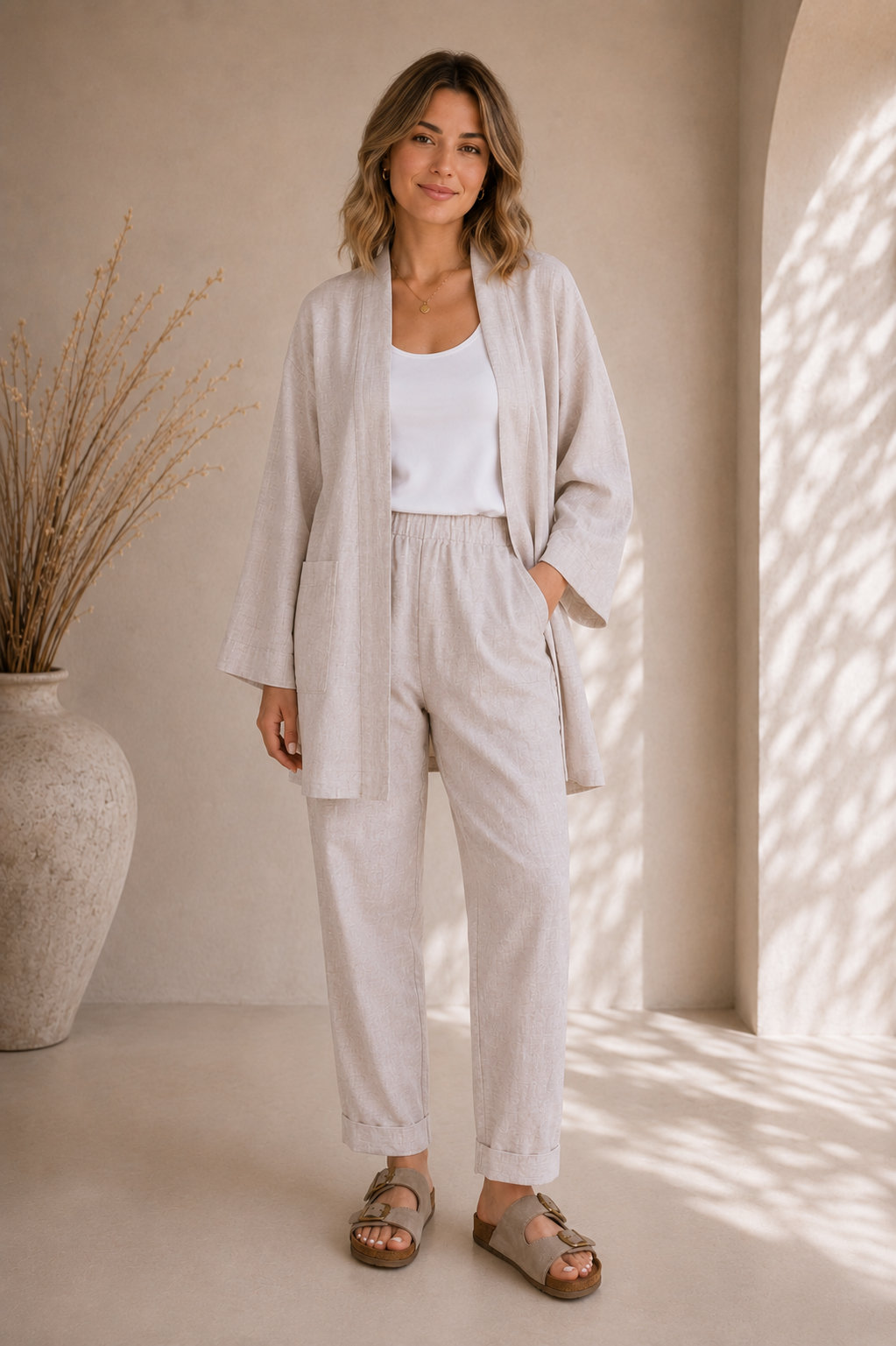 Luna Taş Keten Kimono Pantolon Takım