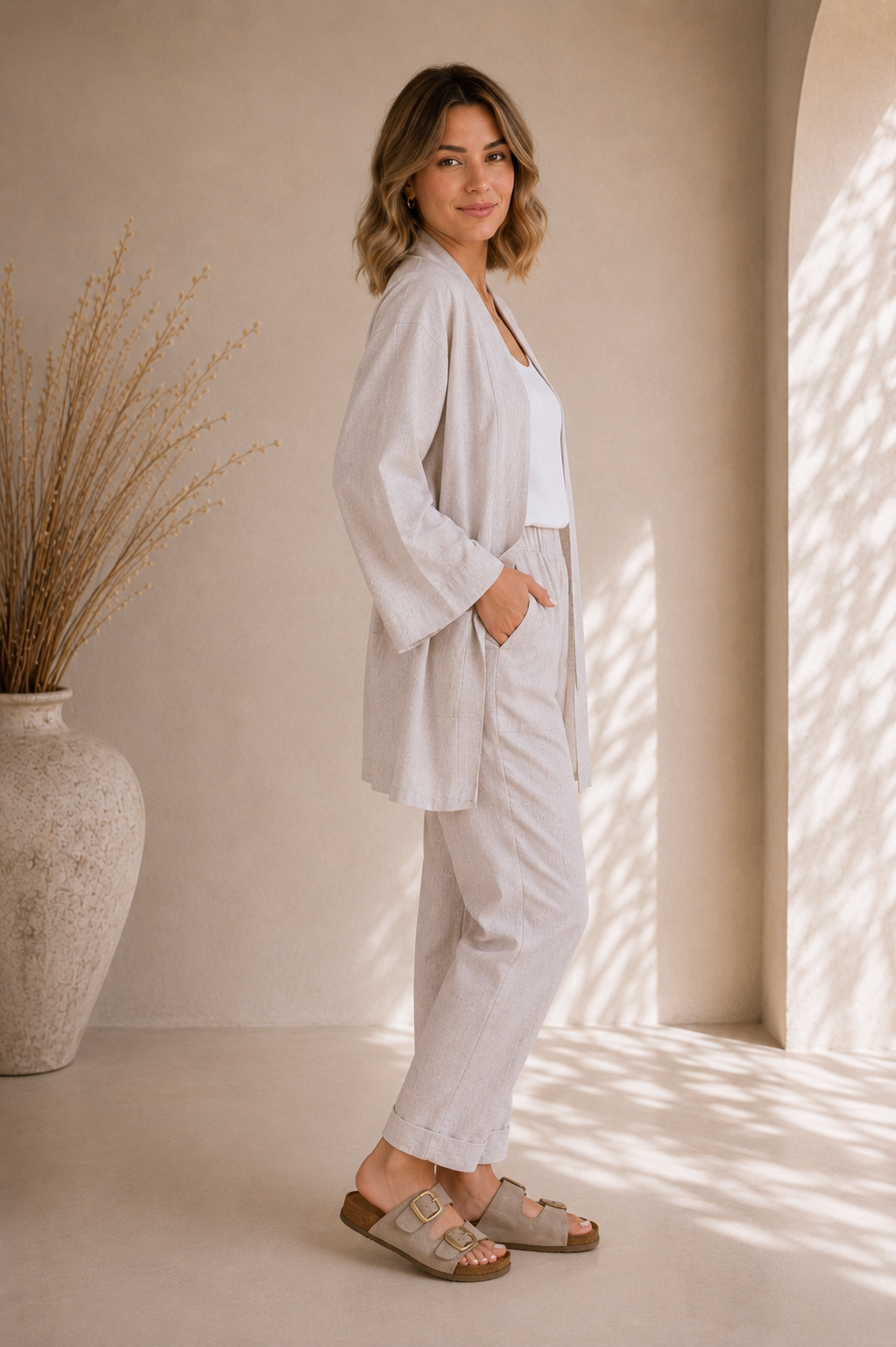 Luna Taş Keten Kimono Pantolon Takım