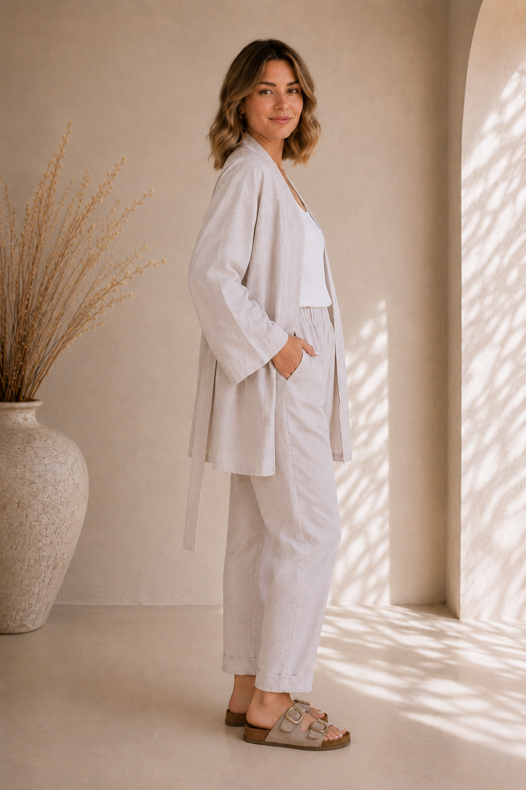 Luna Taş Keten Kimono Pantolon Takım