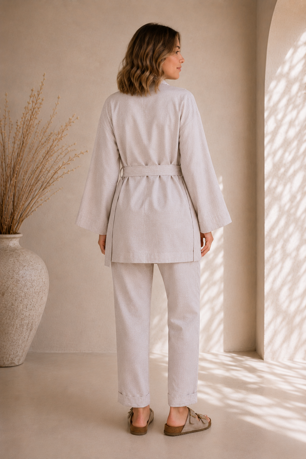 Luna Taş Keten Kimono Pantolon Takım