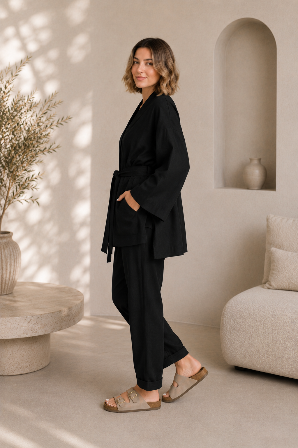 Noir Keten Kimono Pantolon Takım
