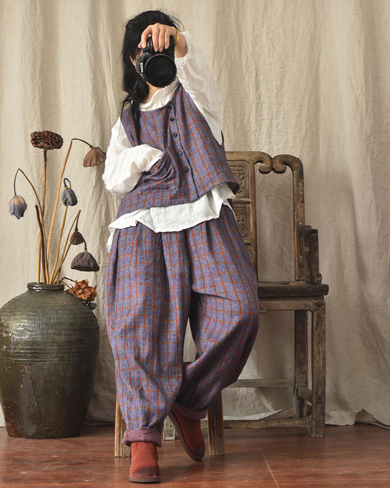 Vintage Ekose Keten Pantolon