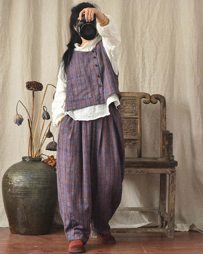 Vintage Ekose Keten Pantolon