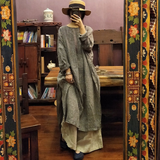 Vintage Ekose Keten Elbise-Tunik