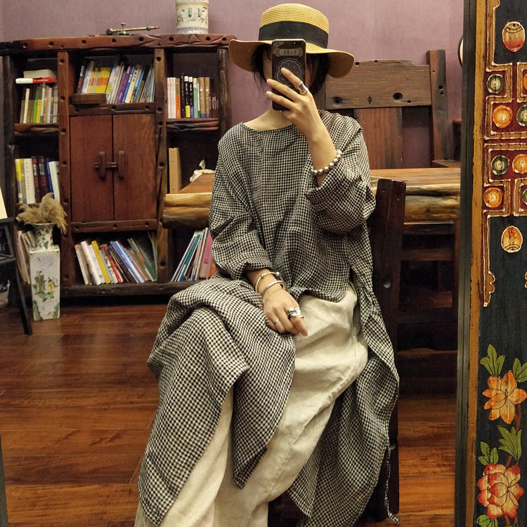 Vintage Ekose Keten Elbise-Tunik