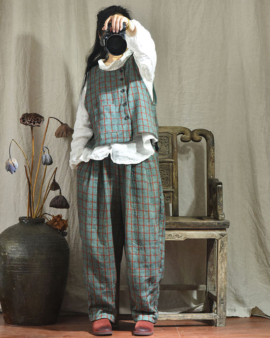 Vintage Ekose Keten Pantolon