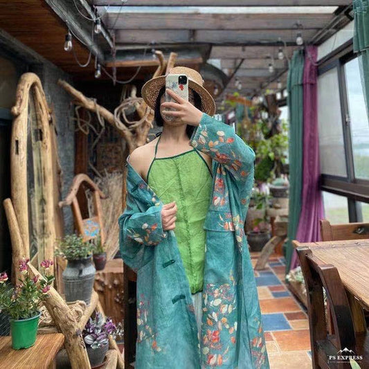 Vintage Floral Ramie Linen Long Blouse – görsel 1