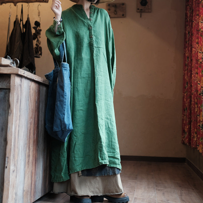 Raw Linen Yeşil Keten Elbise – Doğal Dokulu Rahat Kesim