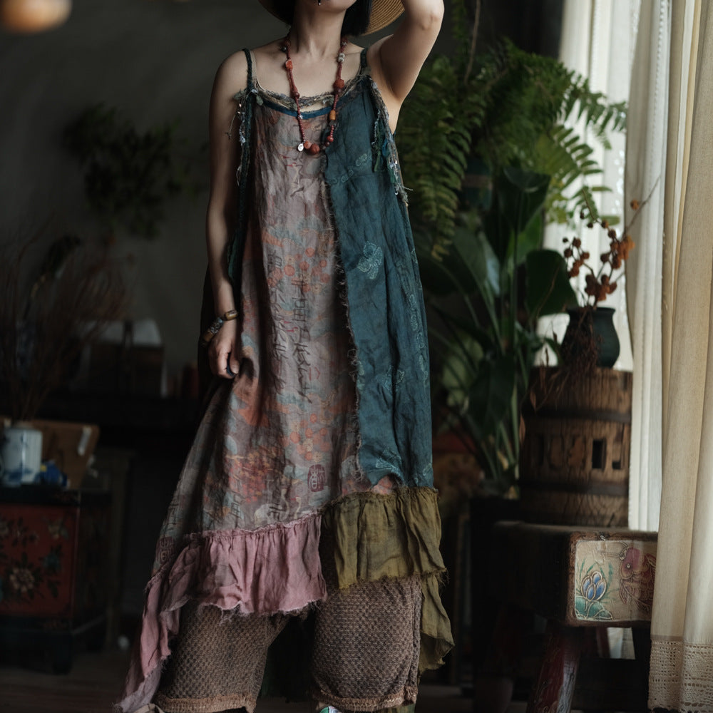 Boho Patchwork Rami Elbise – %100 Doğal Rami Kumaş
