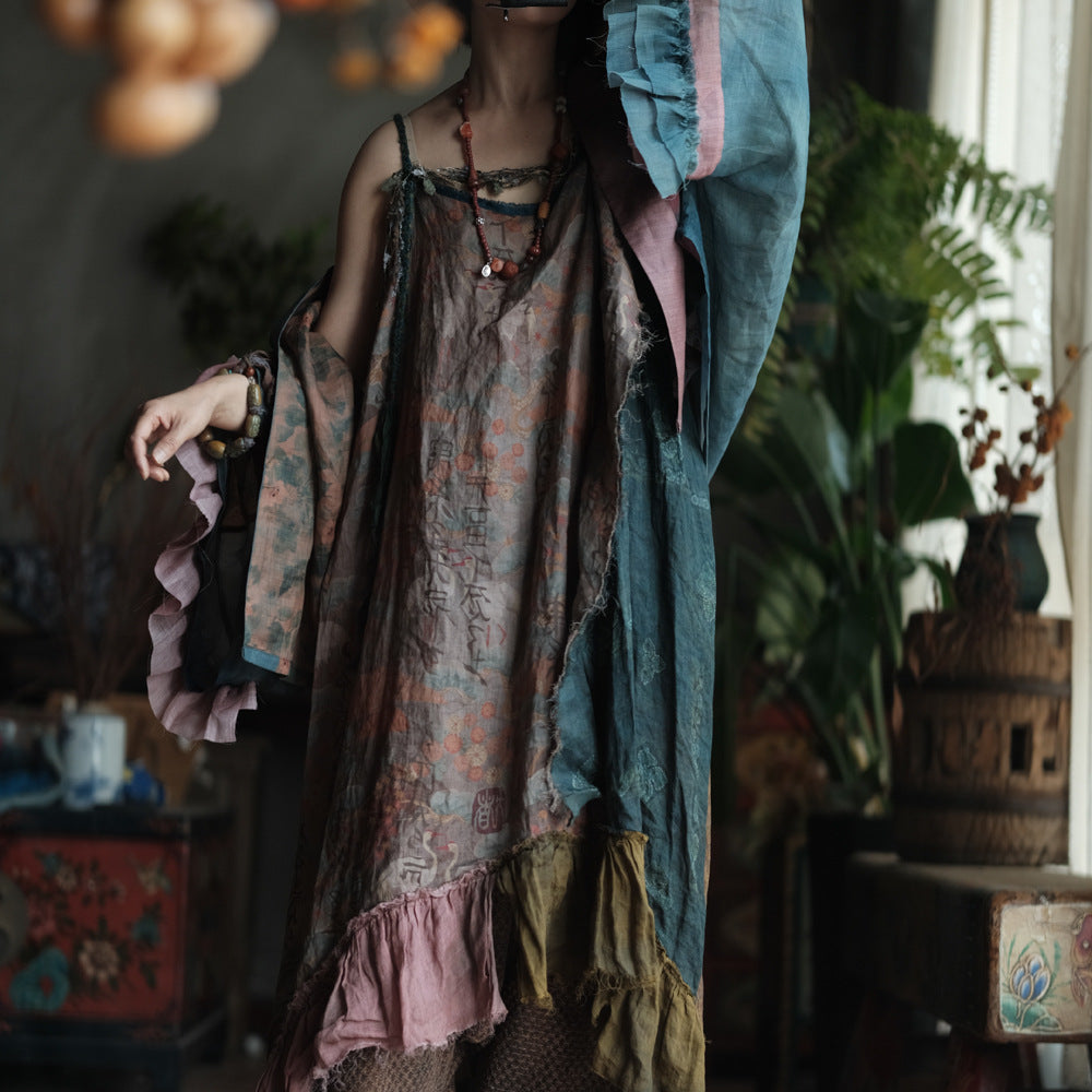 Boho Patchwork Rami Elbise – %100 Doğal Rami Kumaş