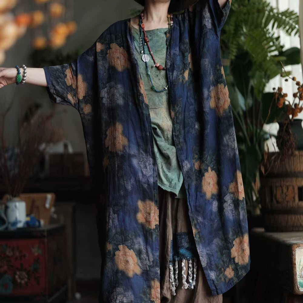 Vintage Blue Garden Pamuk Uzun Gömlek